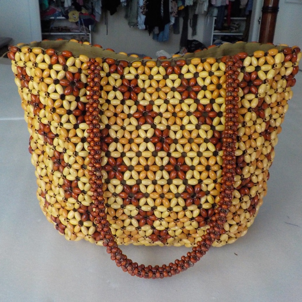 Beige/Brown Beaded Shoulder Bag